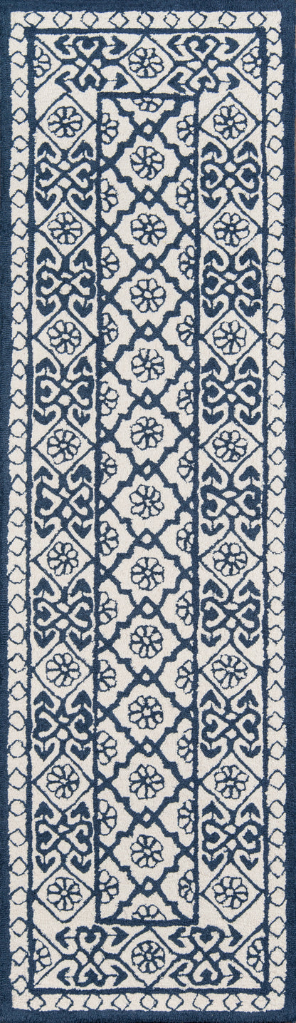 Navy blue & ivory runner rug with geometric diamond motifs & floral rosettes, ornate border.