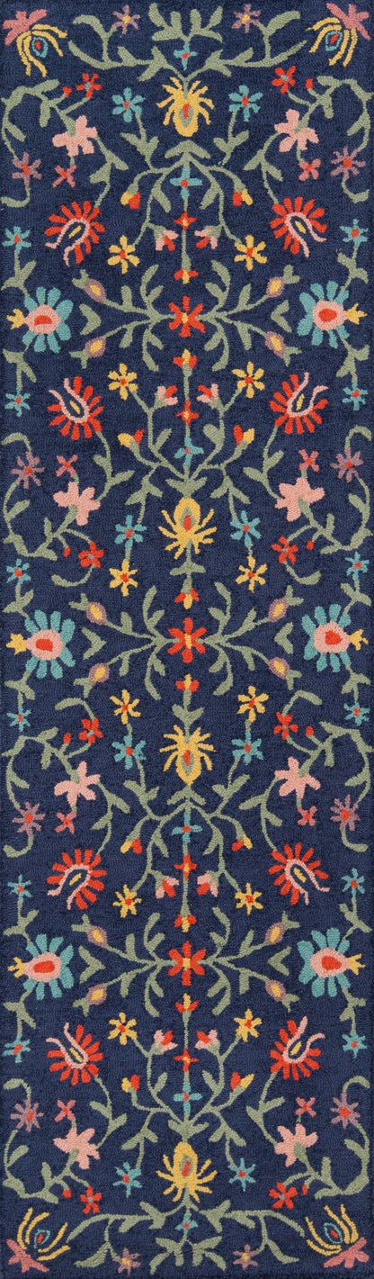Navy blue rug runner with ornate floral botanical pattern in greens, yellows, reds, pinks and teals.