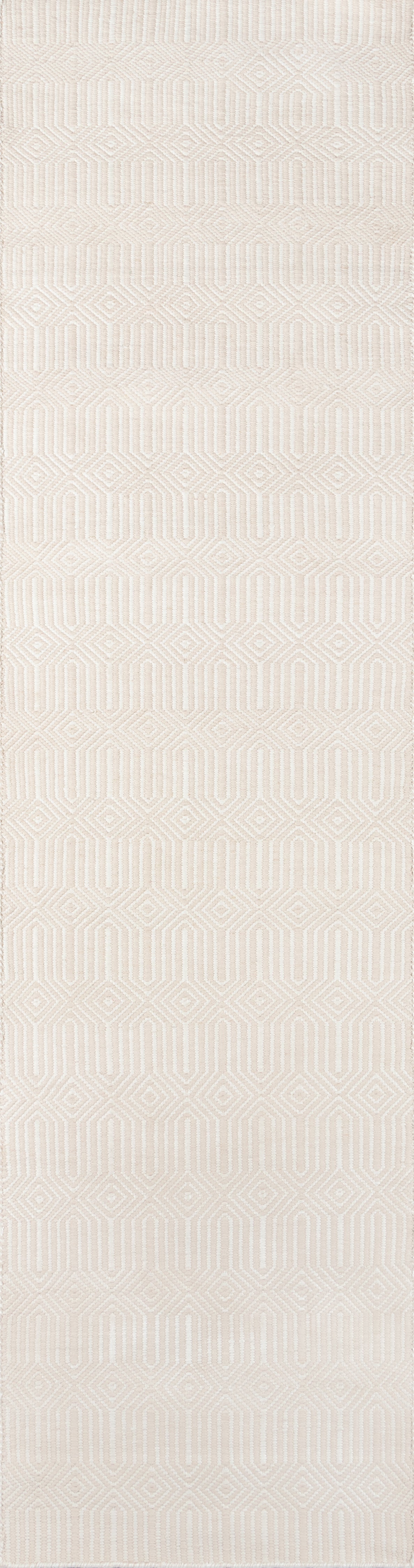 Beige woven rug with repeating diamond geometric pattern; neutral, textured floor decor.