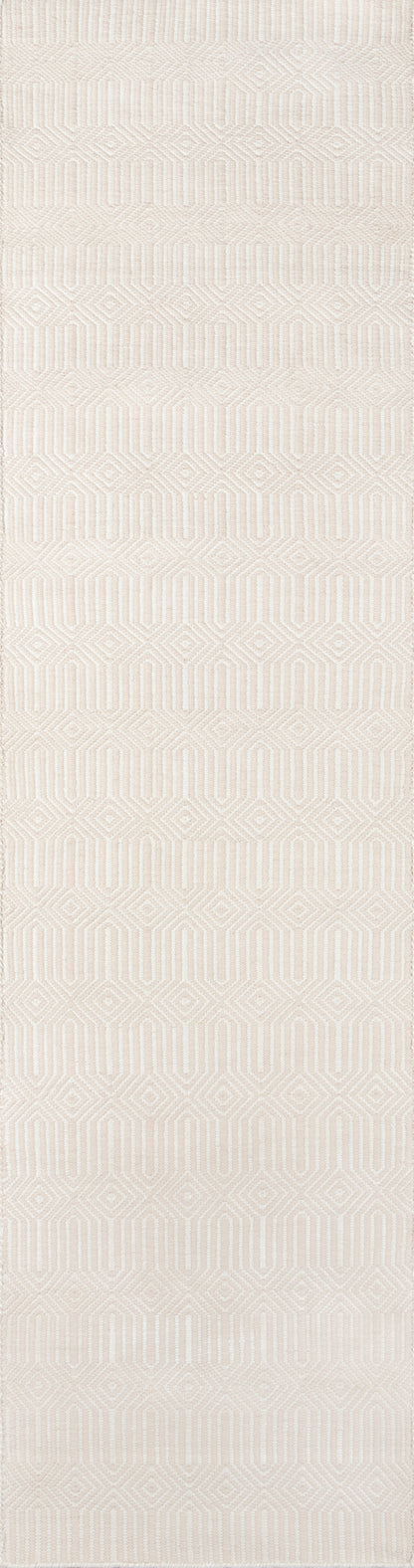 Cream-beige woven rug with repeating diamond and geometric line motifs; subtle texture.