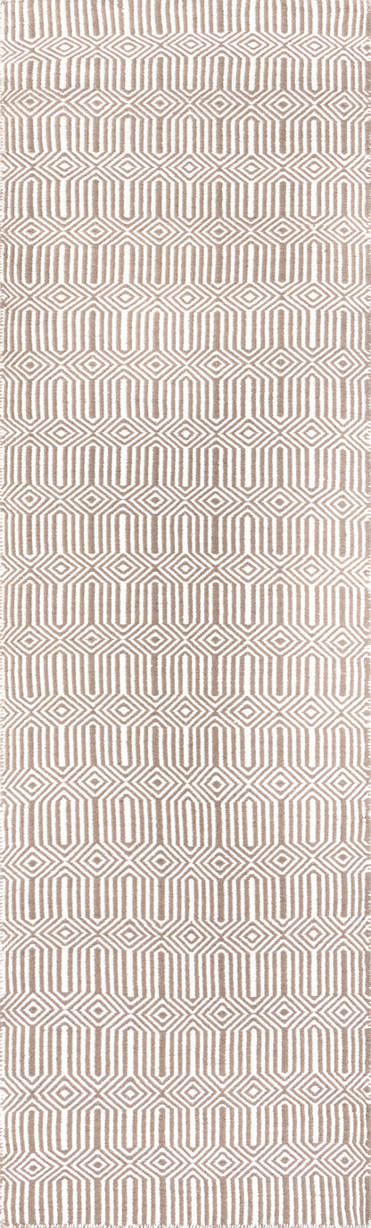 Cream rug with brown geometric pattern of interlocking diamonds and arches; woven textile for living room decor.