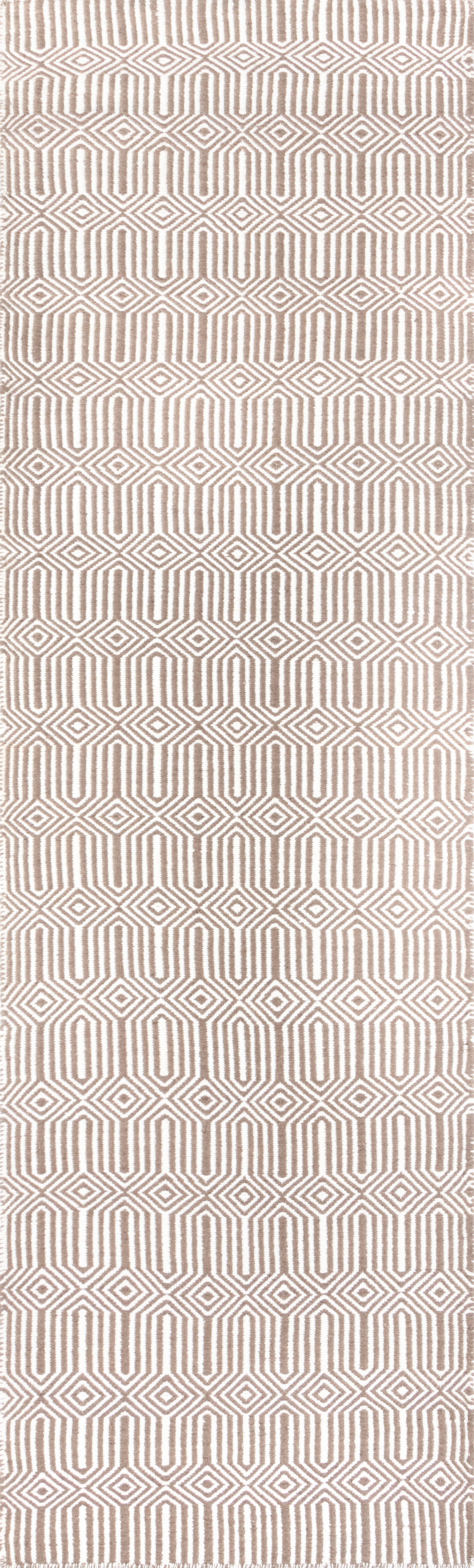 Brown and ivory geometric rug with interlocking diamond and U-shaped motifs; woven textile, modern mid-century look.