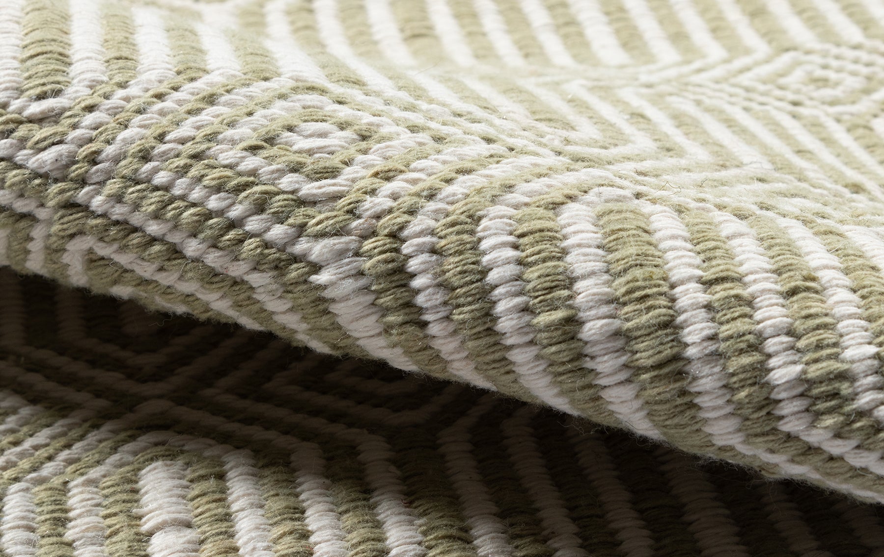Olive green & ivory striped woven rug with thick twisted yarn texture & soft pile.