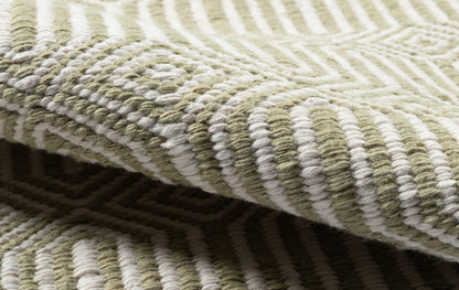 Olive green & ivory striped woven rug with thick twisted yarn texture & soft pile.