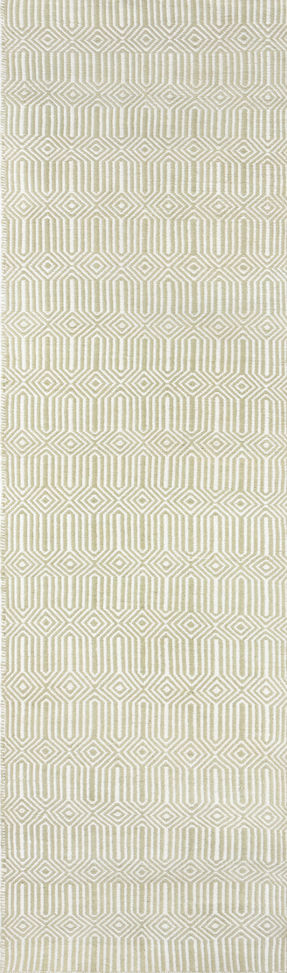 Cream and taupe geometric rug with interlocking diamonds and U-shaped motifs, woven texture.
