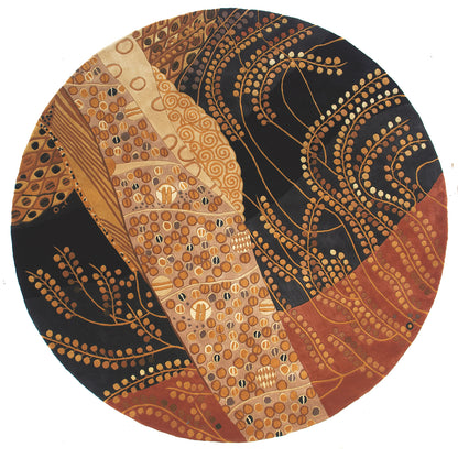 Rectangular rug, 5' x 8', with patchwork panels in brown, tan and black and gold-toned dotted vine patterns.