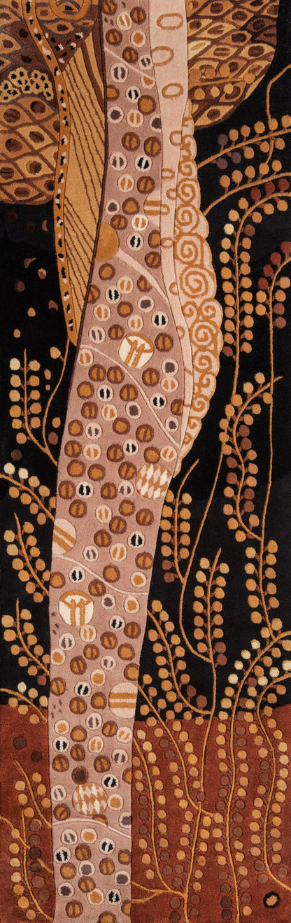 Abstract woven rug with pink central band dotted with circles and spirals against brown and black background.