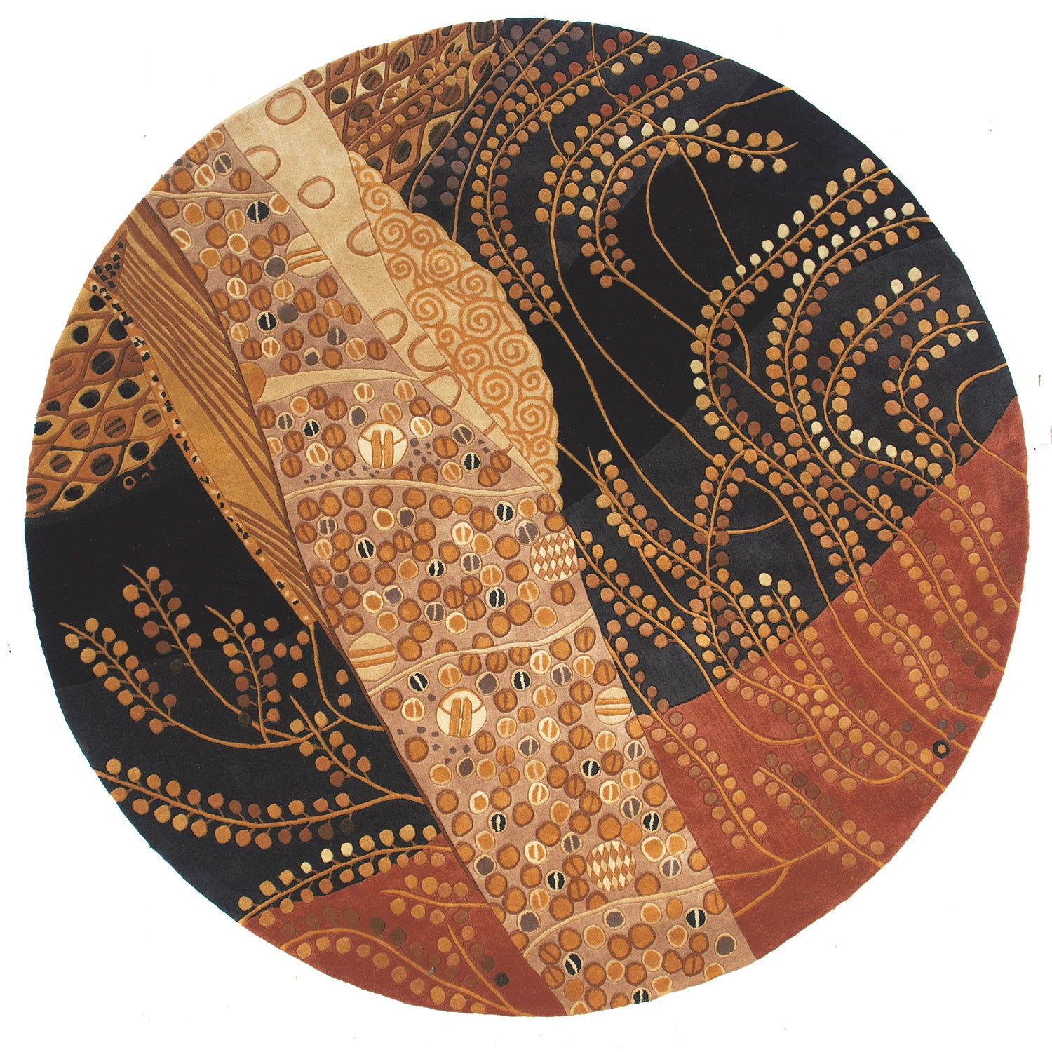 Round area rug in tan, black and rust with overlapping patches, dotted motifs, and swirling vine-like lines.