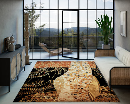 Modern living room with a large orange-black-beige abstract area rug, white sofa, rattan accents, and a glass wall patio view.
