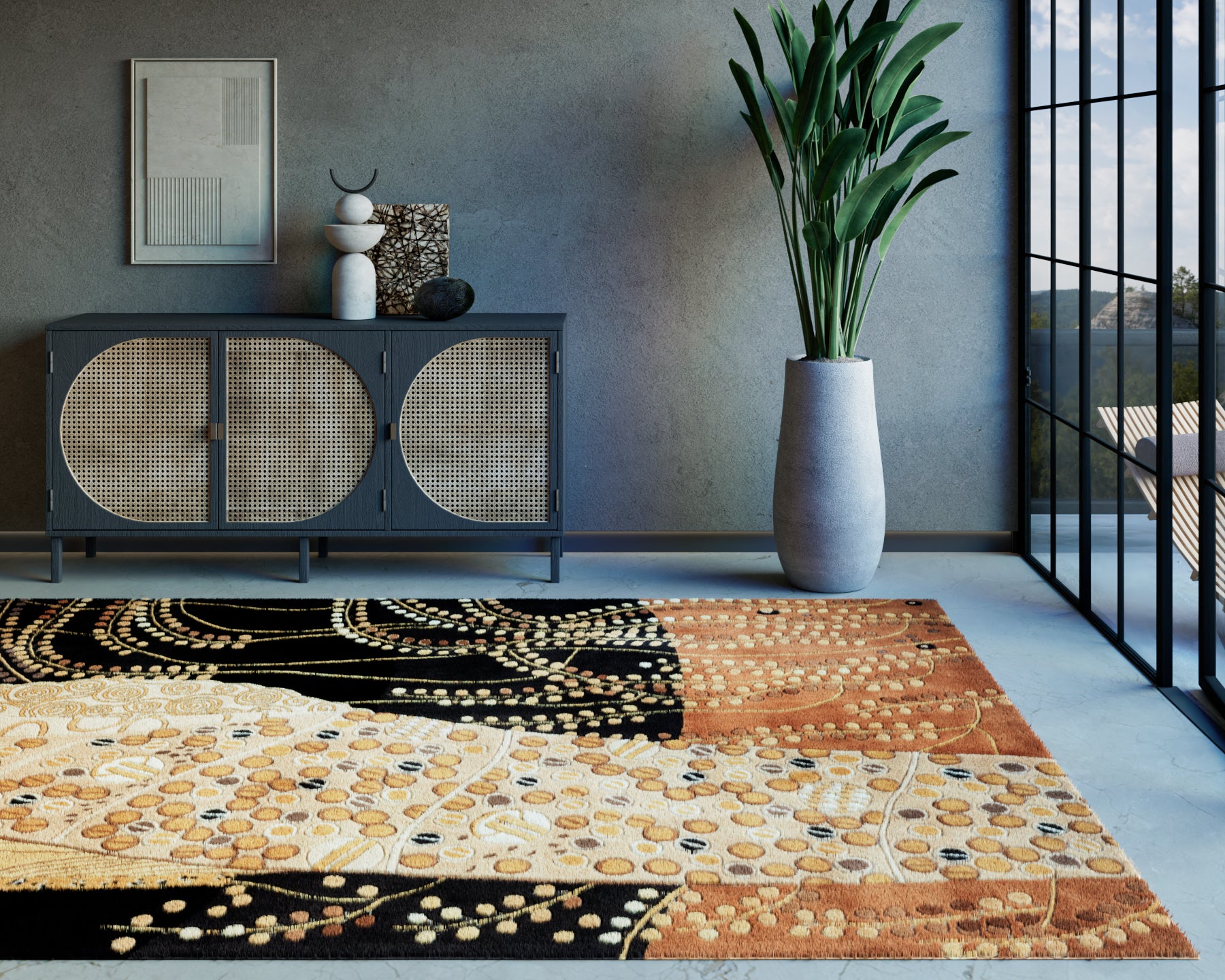 Abstract area rug in black, orange and beige tones, shown in a modern living room with a gray sideboard and tall plant.