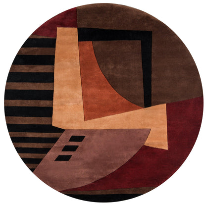 Rectangular abstract rug with warm browns, tans, blacks and burgundies in geometric shapes; modern plush floor decor; size 5'3" x 8'.