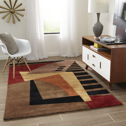 Geometric runner rug in brown, tan, black, red and mustard; mid-century modern living room scene.