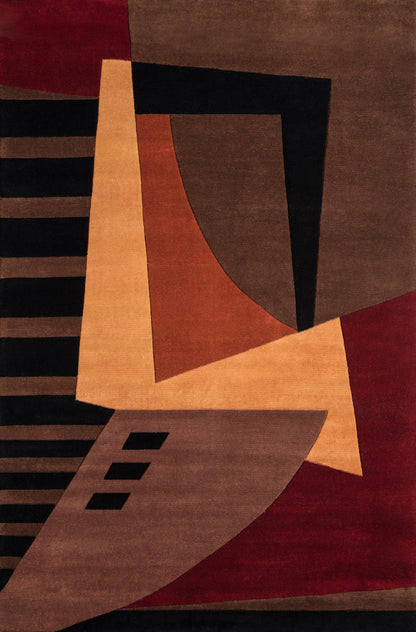 Mid-century abstract area rug with brown, orange, black and red geometric shapes; angular blocks and curved arc.