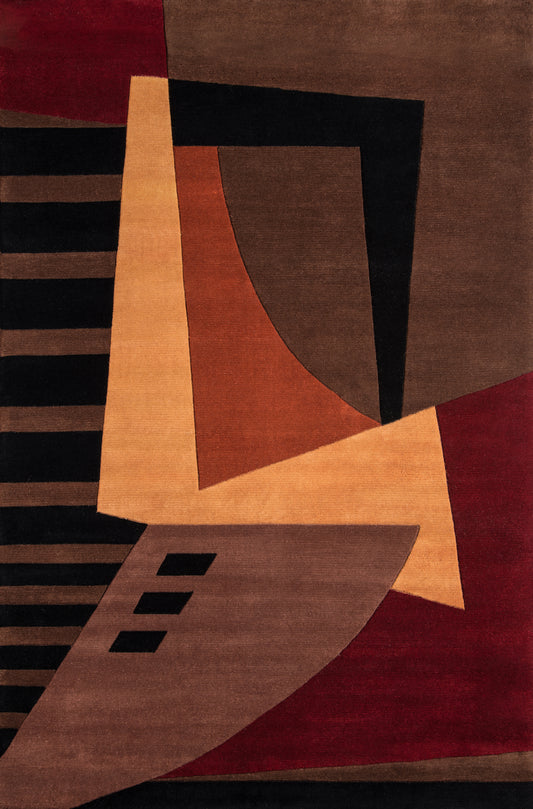 Mid-century abstract area rug with brown, orange, black and red geometric shapes; angular blocks and curved arc.