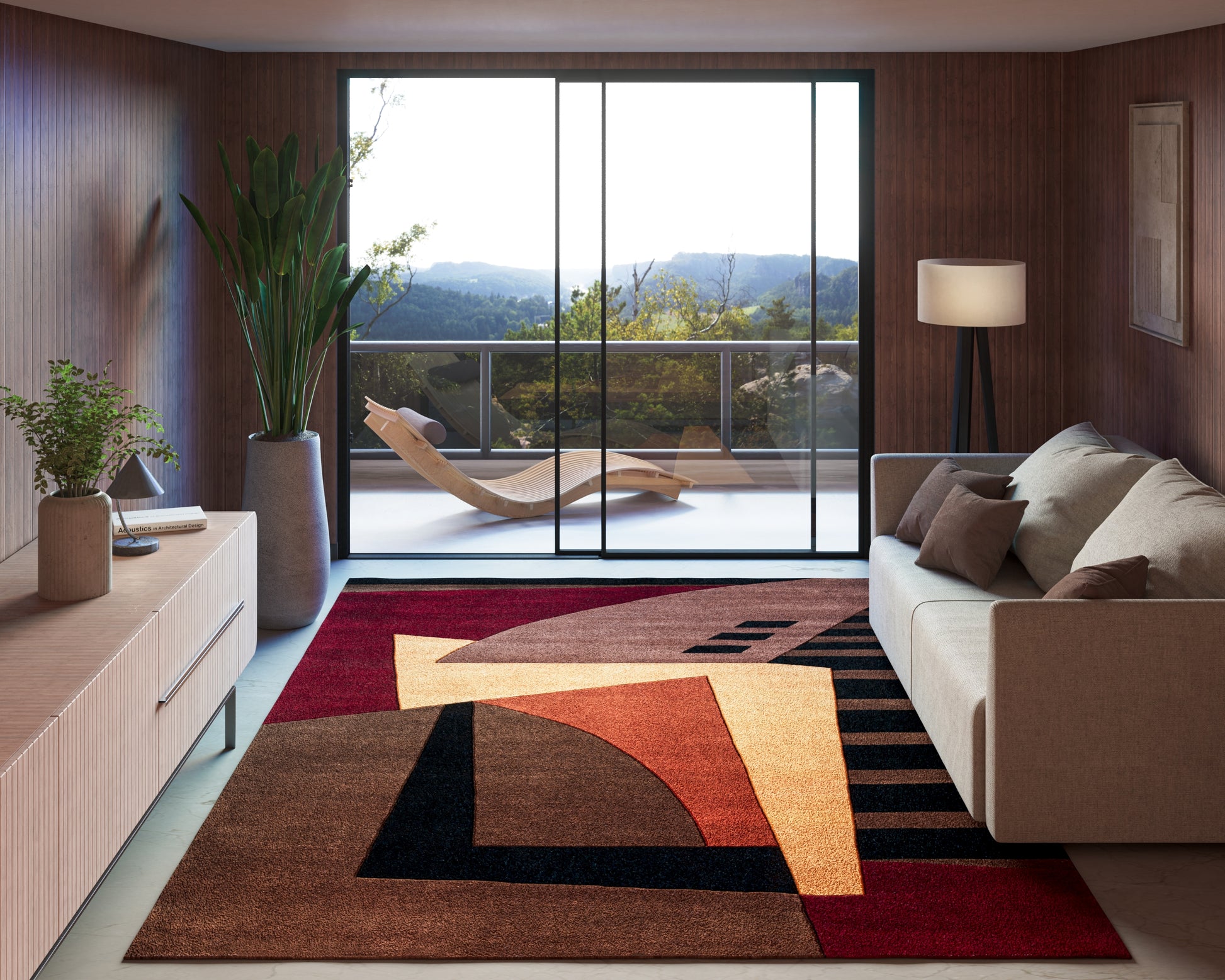 Geometric woven runner rug in warm rust, red, tan, orange, and black tones for a contemporary living room.