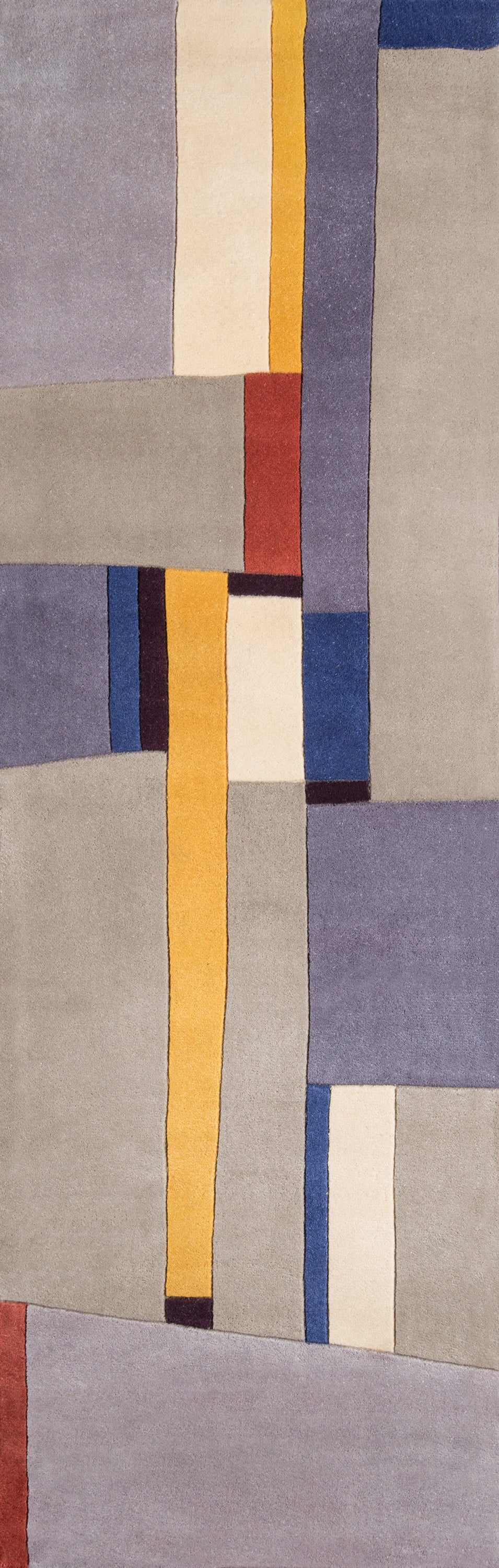 Abstract geometric runner featuring a vertical mustard stripe and color blocks in gray, beige, blue and red accents.