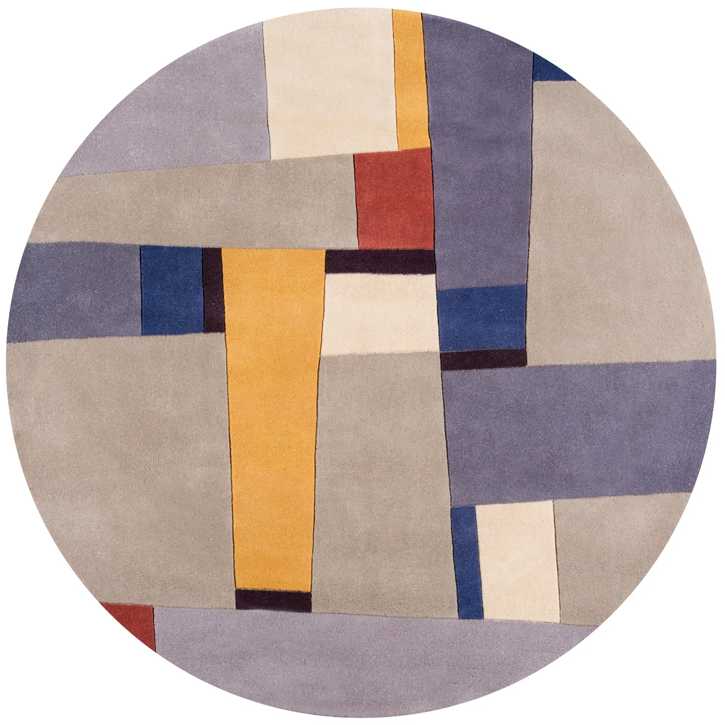 Rectangular runner rug with patchwork geometric blocks in gray, beige, blue, purple and mustard yellow, 3' x 8'.