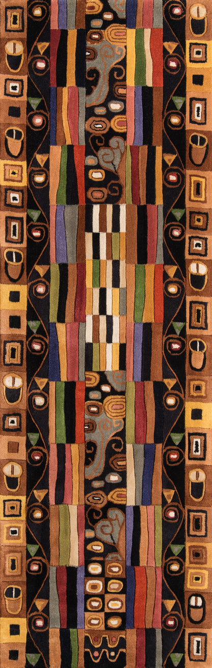 Vibrant abstract runner rug with vertical multicolor stripes, geometric blocks & border on a dark background.
