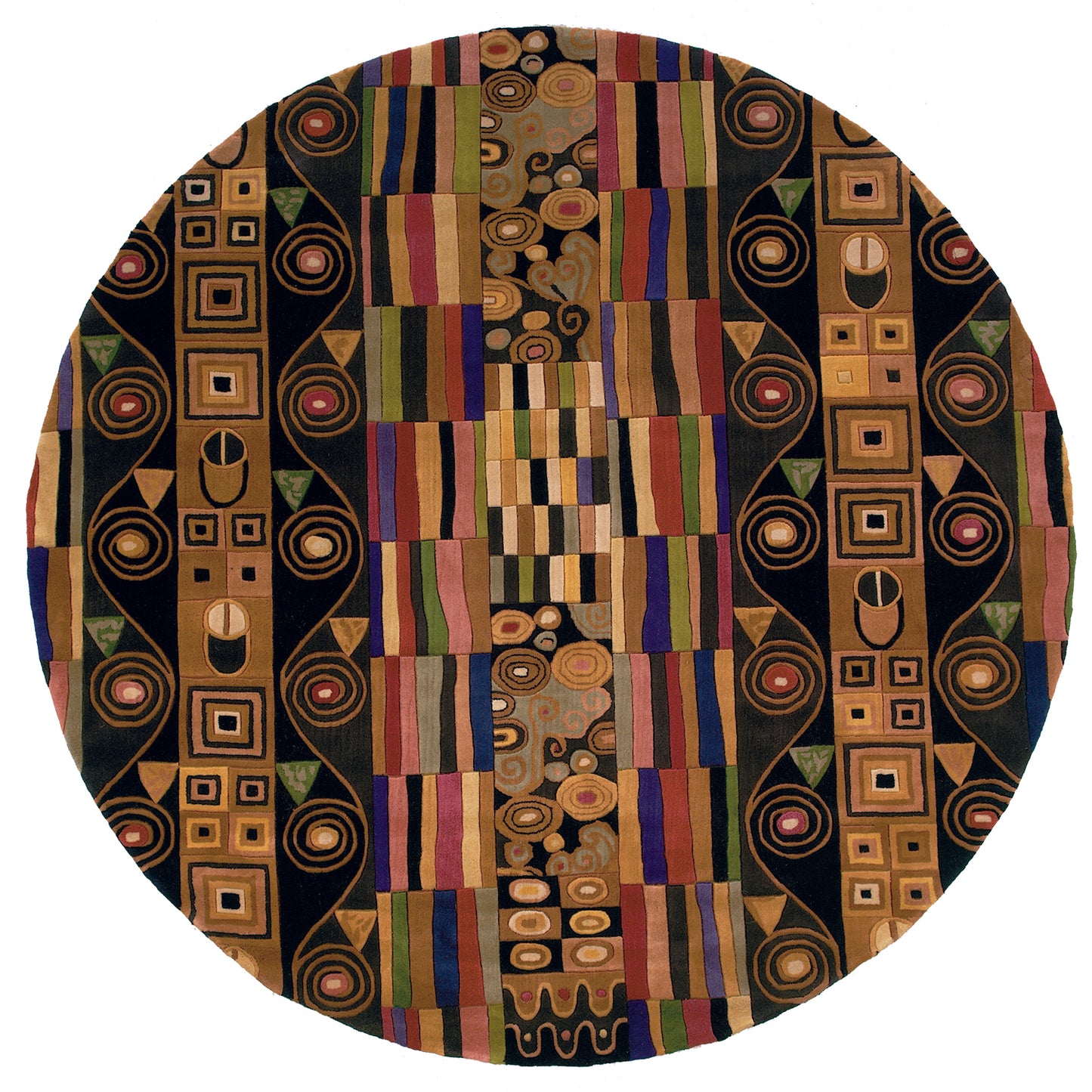 Rectangular patchwork rug (8' x 11') with geometric squares, stripes and spirals in earthy browns, golds, greens and blues.