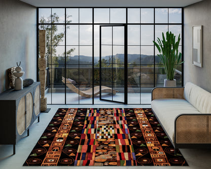 Modern living room with large black-framed glass doors opening to a terrace, colorful geometric rug, and a white woven sofa.