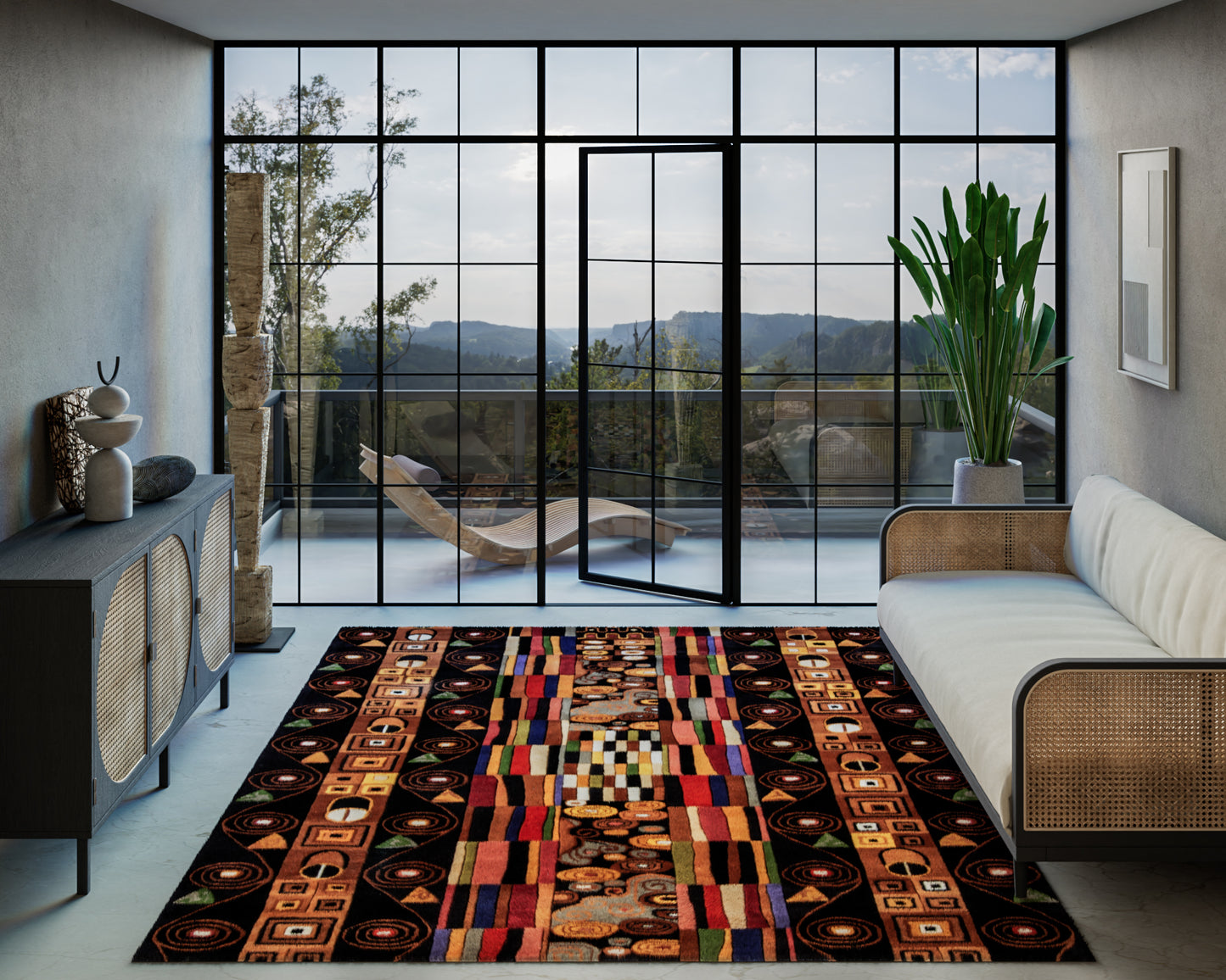 Modern living room with grid glass wall, white sofa with cane frame, dark cabinet, tall plant, and vibrant round geometric rug.
