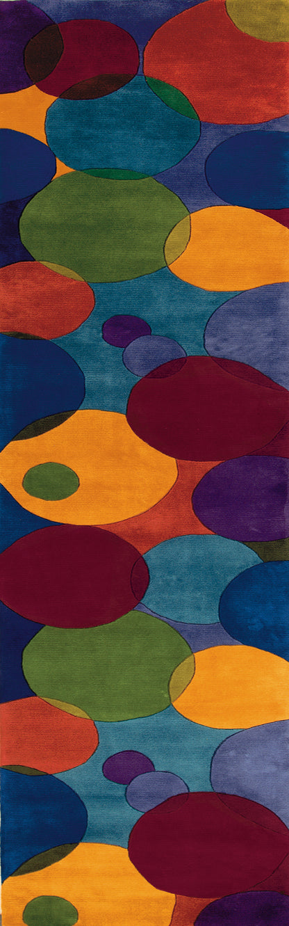 Abstract circular-pattern round rug with overlapping multicolor ovals in orange, teal, blue, green, purple and red.