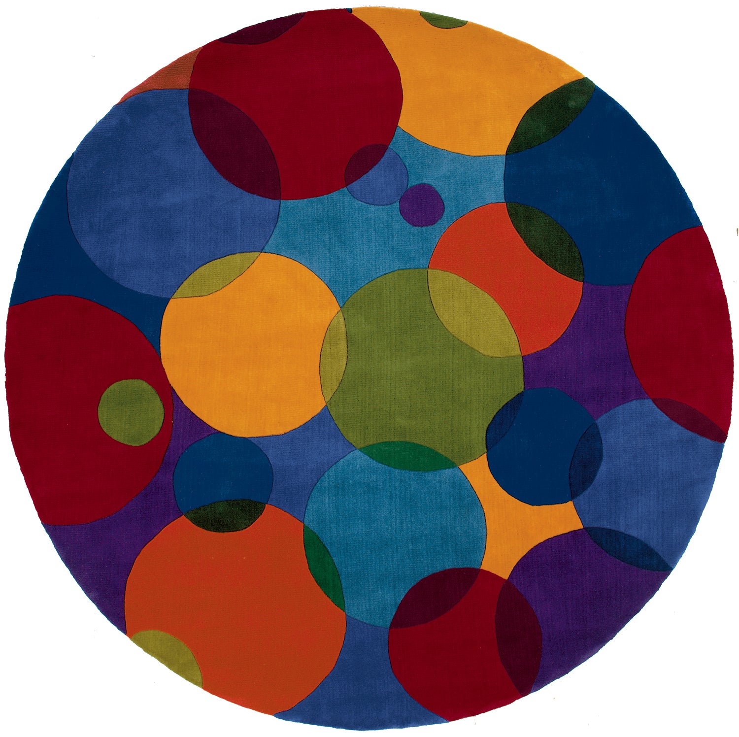 Round multicolor rug with overlapping circles in blue, red, yellow, green, and purple.