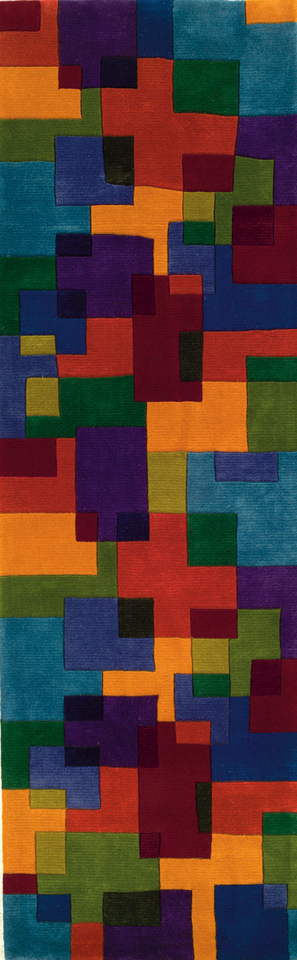 Colorful abstract geometric area rug with overlapping square blocks in orange, red, blue, purple, green and yellow.