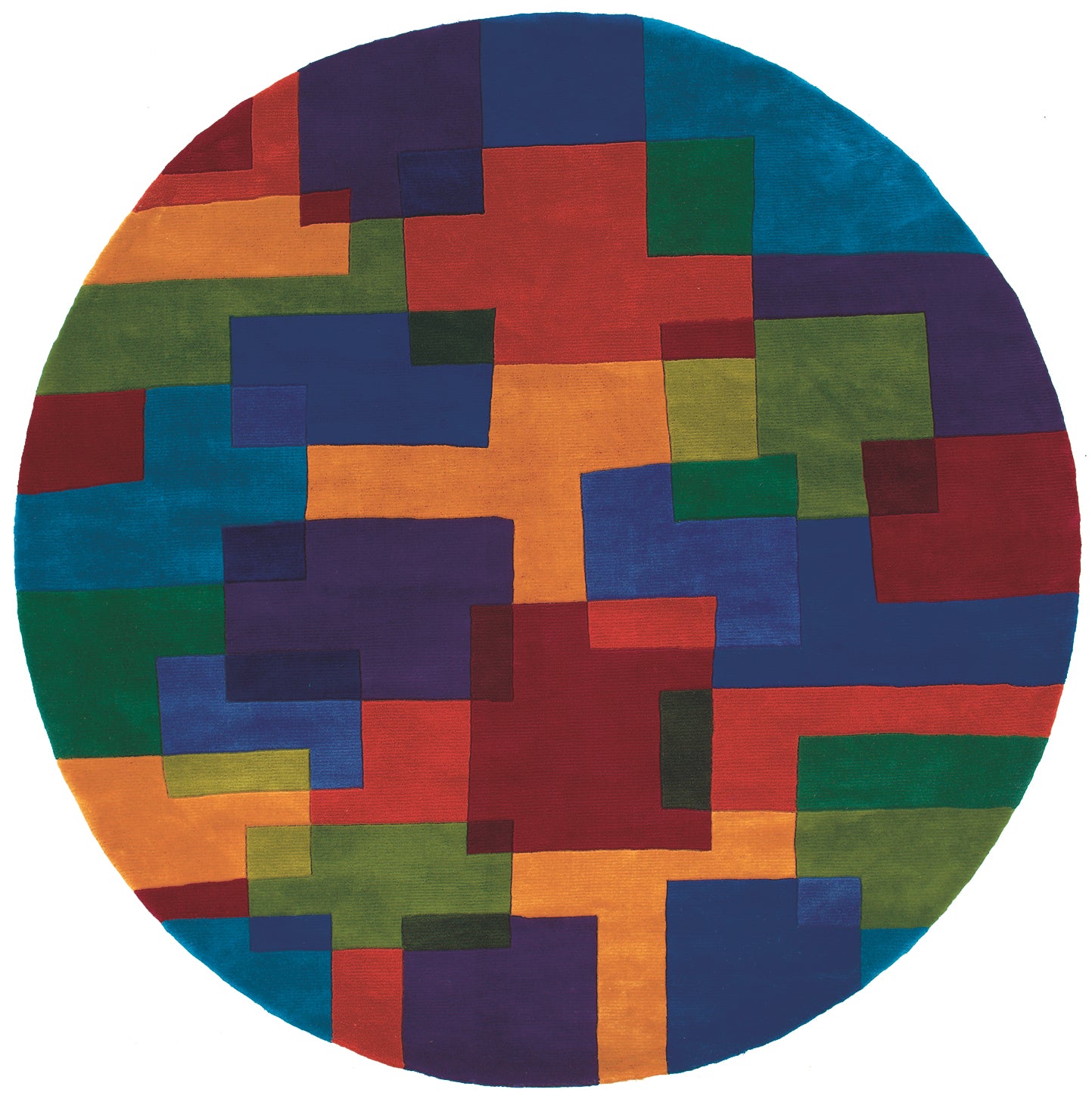 Round rug with a vibrant geometric patchwork of squares in red, orange, yellow, green, blue & purple.