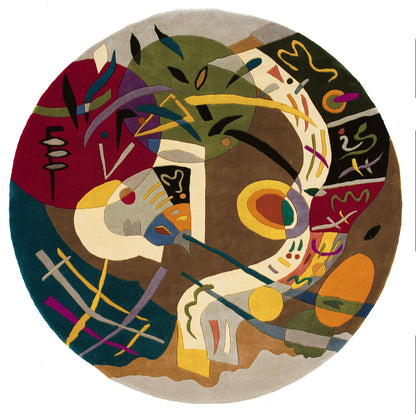 Round abstract wall art with vibrant geometric shapes and curved lines in browns, yellows, greens, blues.