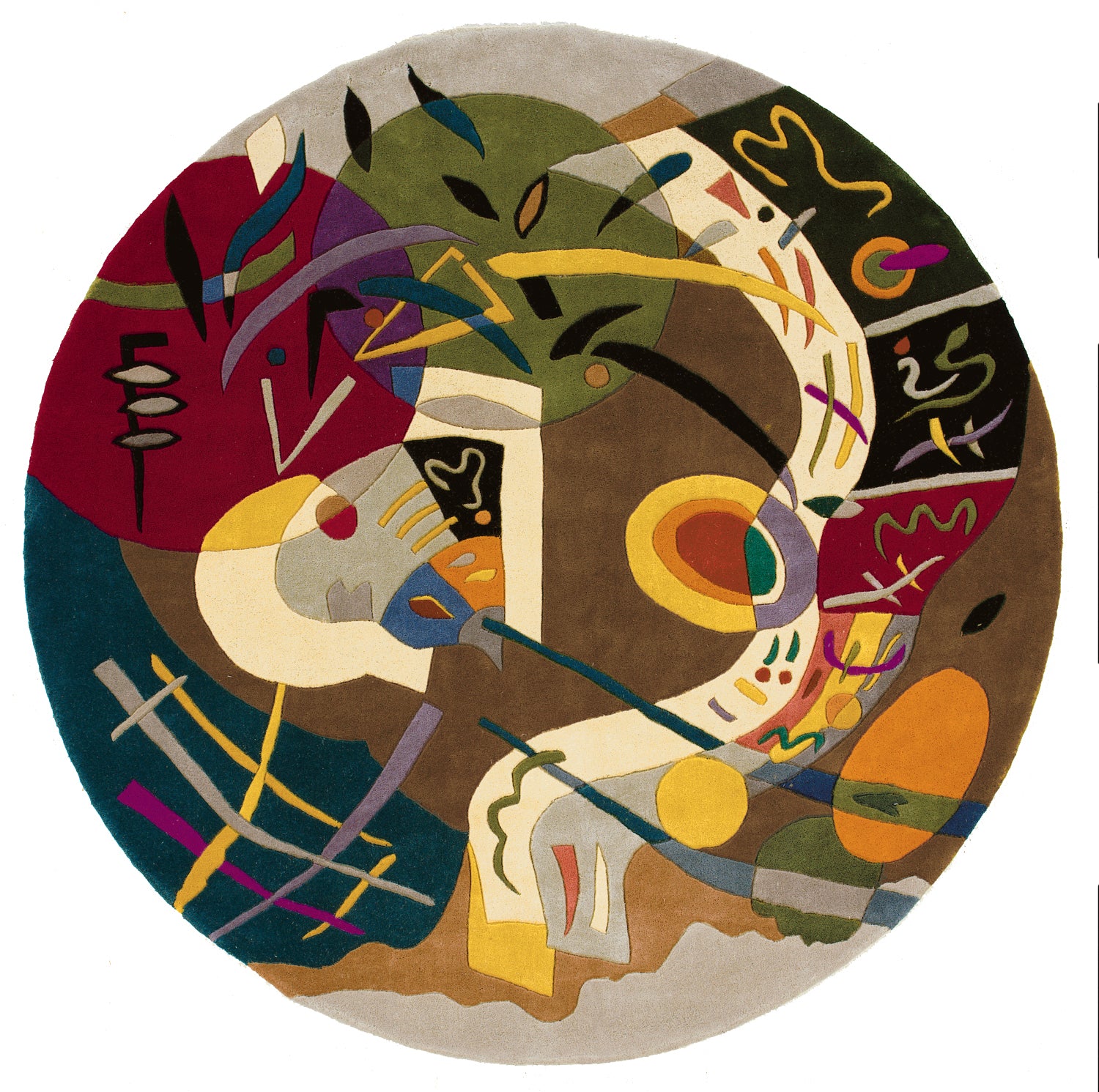 Round abstract artwork with overlapping geometric shapes and sweeping lines in browns, greens, yellows, reds, blues.