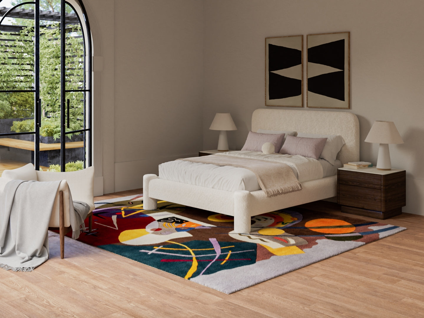 Beige upholstered platform bed with cream bedding, dark wood nightstands, and a vivid abstract rug in a modern bedroom.