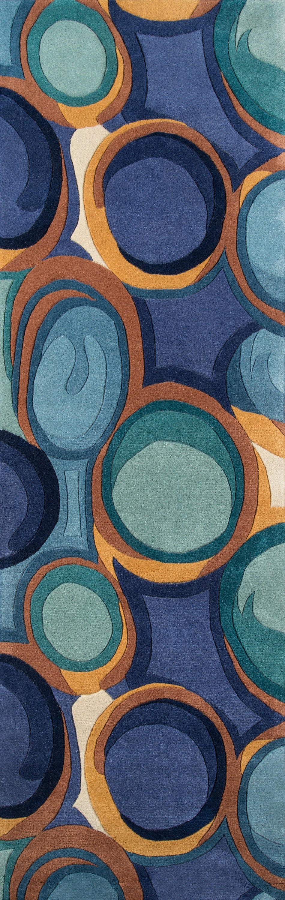 Abstract circular-pattern area rug in navy, teal and light blue with orange-brown outlines.