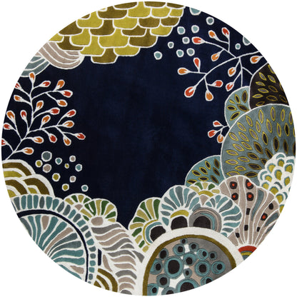 Rectangular navy rug with a decorative multicolor botanical border in blues, greens, golds & grays, 5' x 8'.