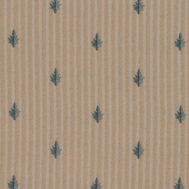Green jacquard fabric with subtle vertical stripes and small blue fleur-de-lis motifs.