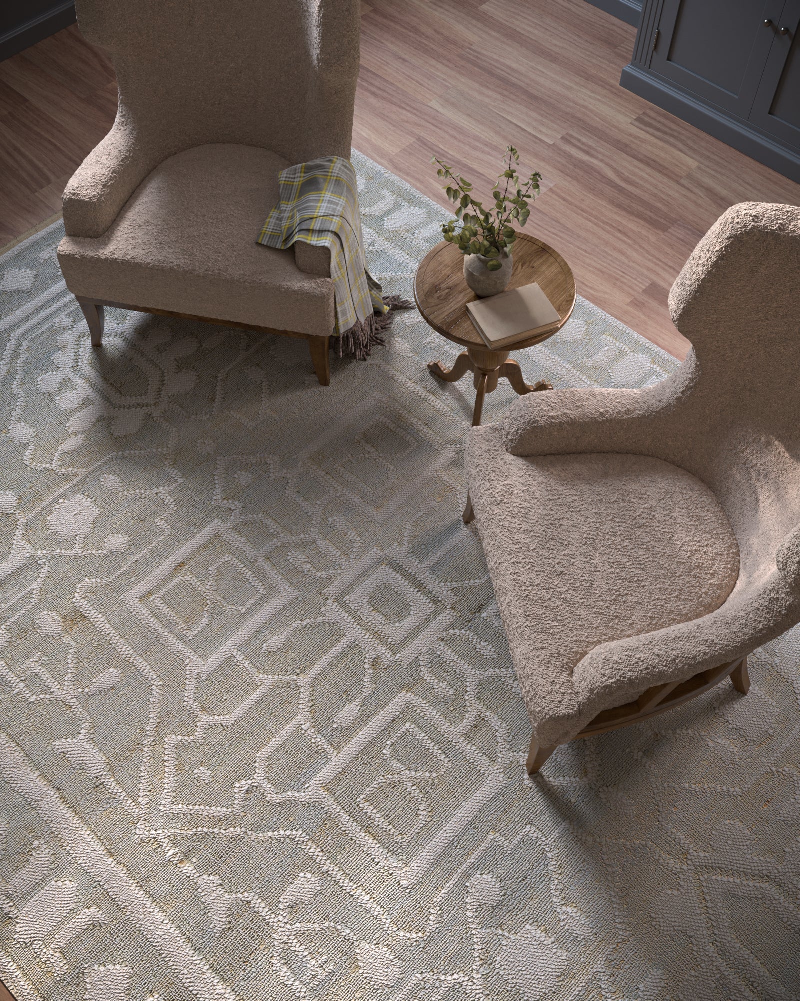 Geometric pale blue rug, 5' x 8'.