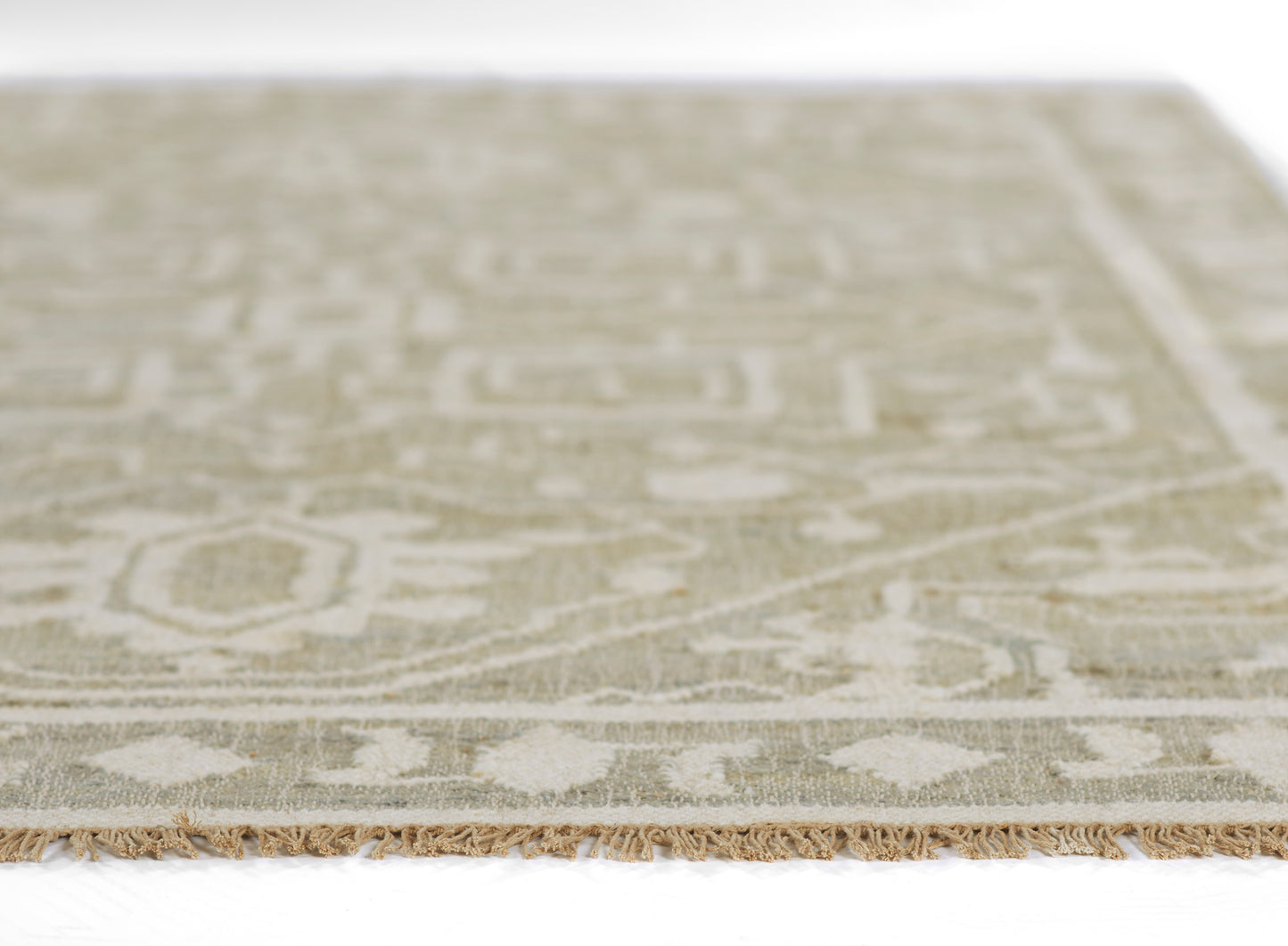 Beige & cream woven runner with subtle geometric pattern & fringed edges, 2' x 8'.