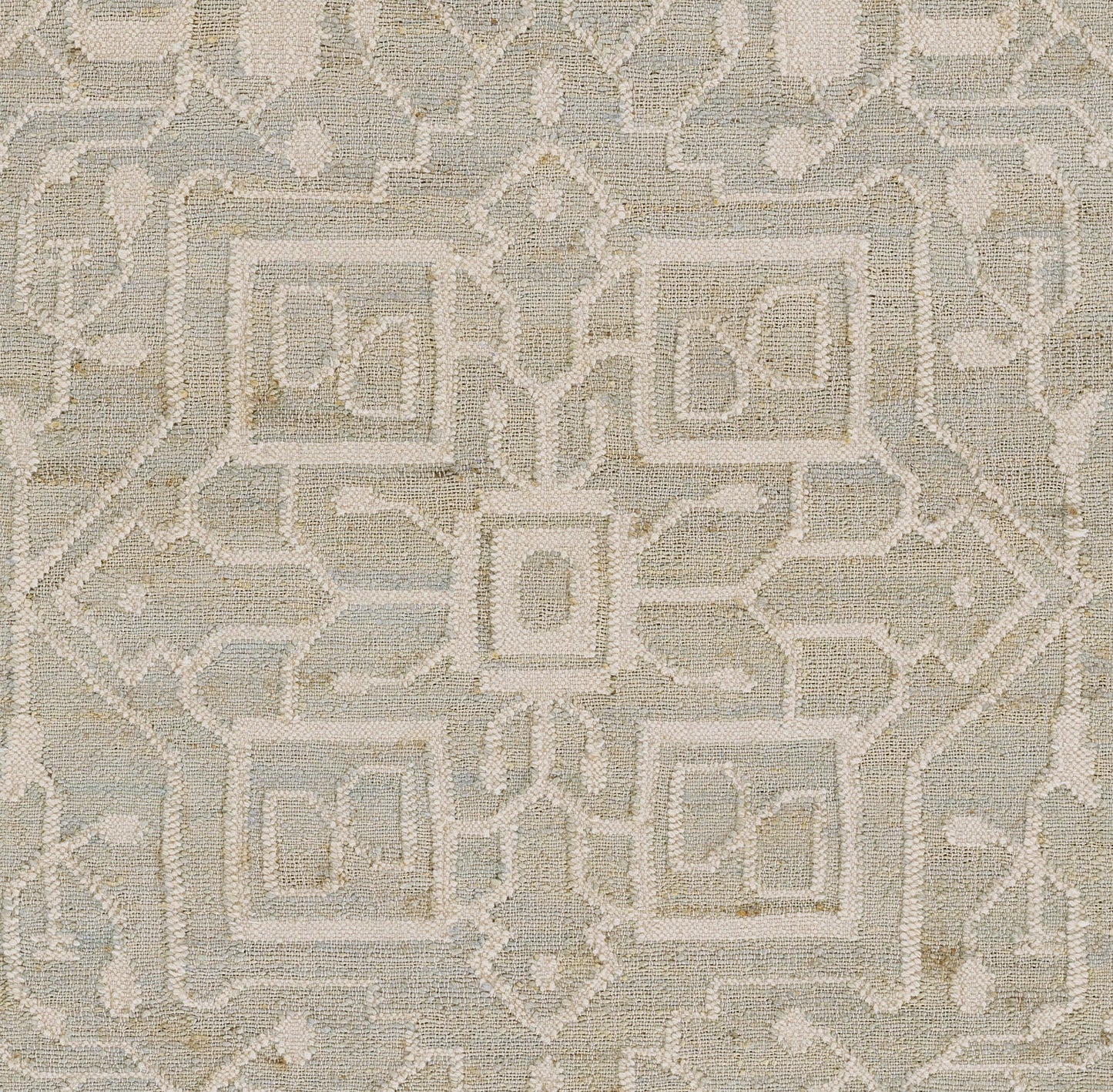 Beige and ivory geometric area rug with interlocking square medallions and textured weave.