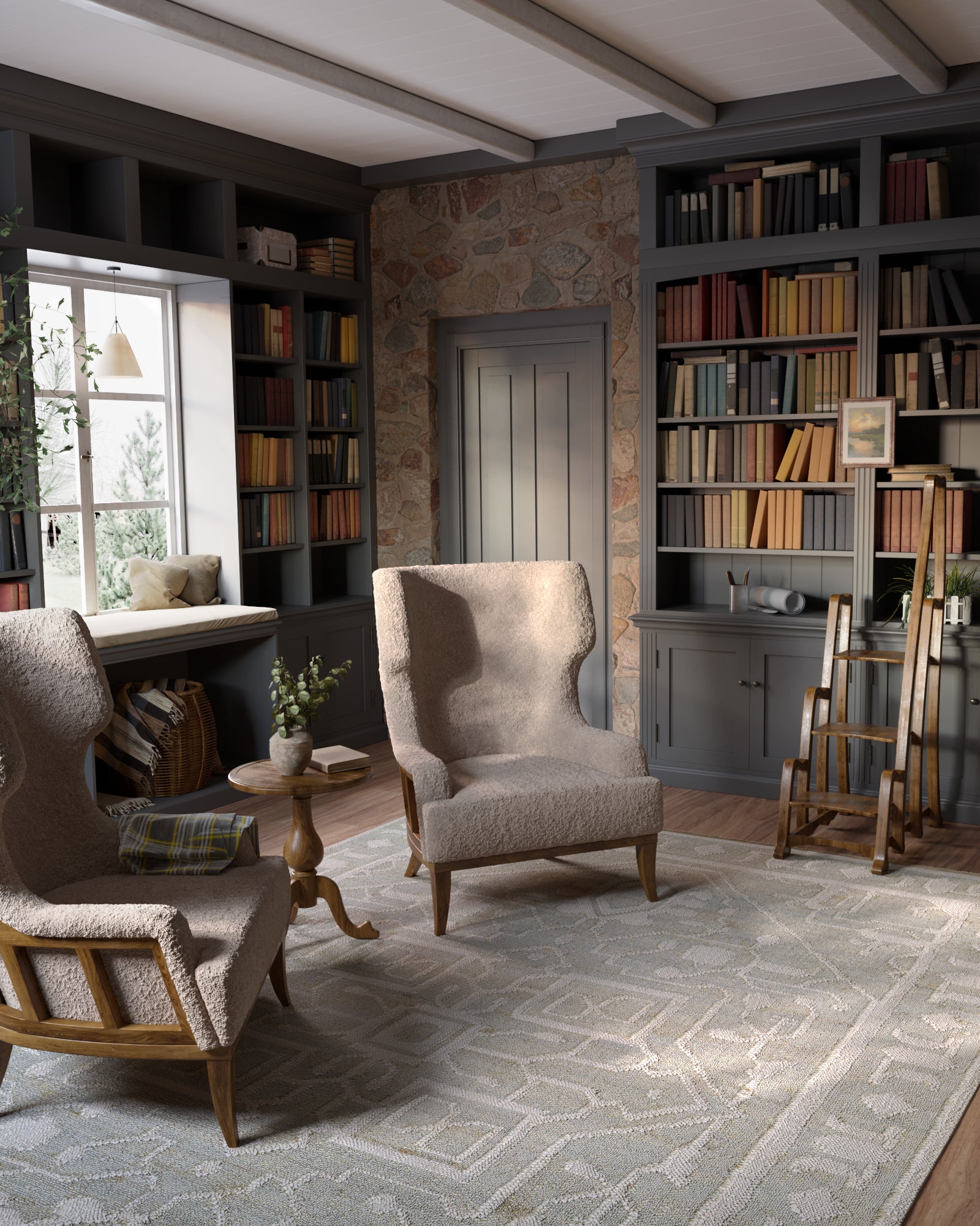 Cozy reading room with dark wood built-in bookshelves, stone accent wall, beige boucle armchairs, round wood side table, geometric rug.