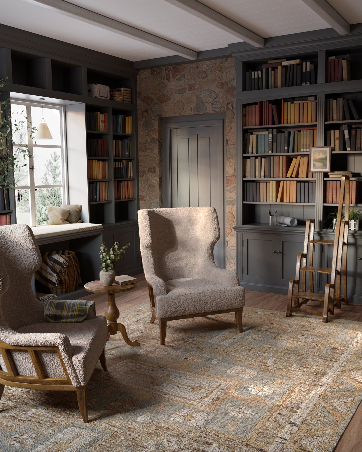 Cozy library nook with beige boucle armchairs, round wood side table, patterned muted rug, dark gray built-ins, stone wall.