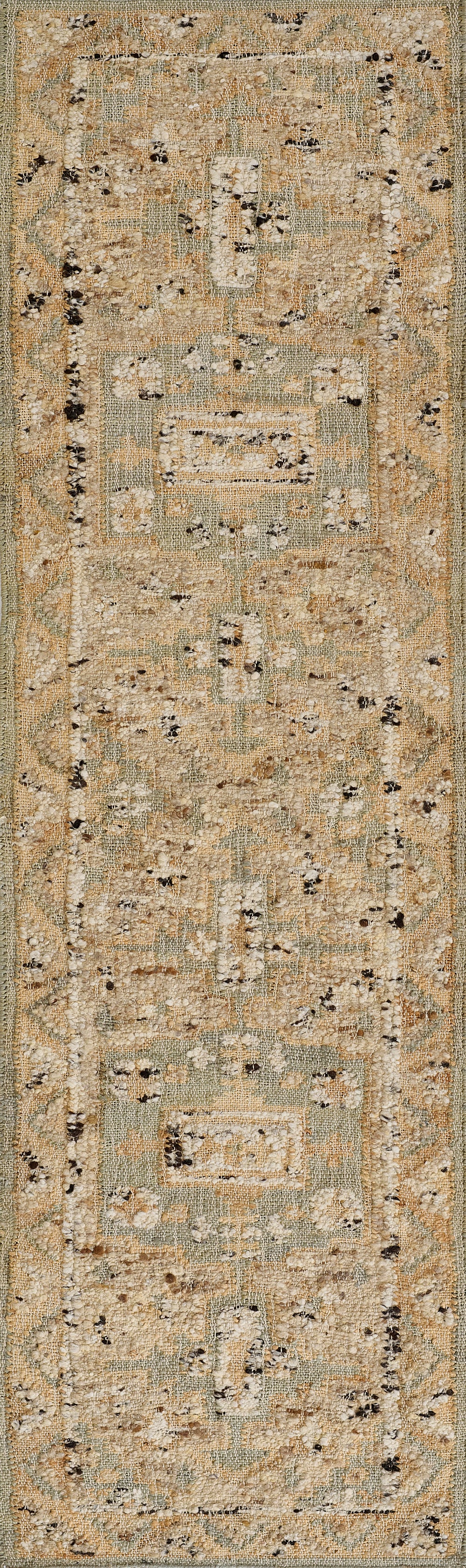 Distressed beige & sage geometric runner rug with cream blocks & dark specks, oriental-inspired design.
