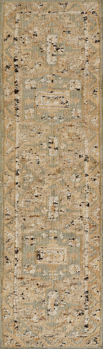 Distressed beige & sage geometric runner rug with cream blocks & dark specks, oriental-inspired design.