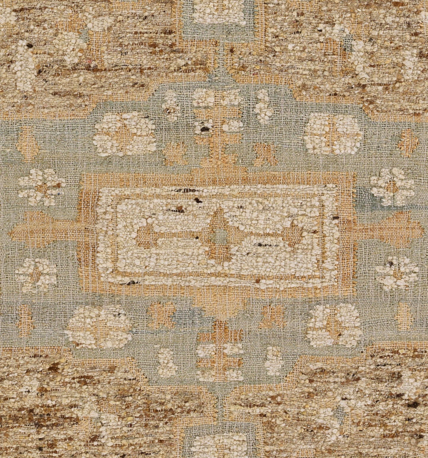 Bluish-gray distressed oriental rug with ivory central medallion and floral border; rectangular, vintage-inspired.