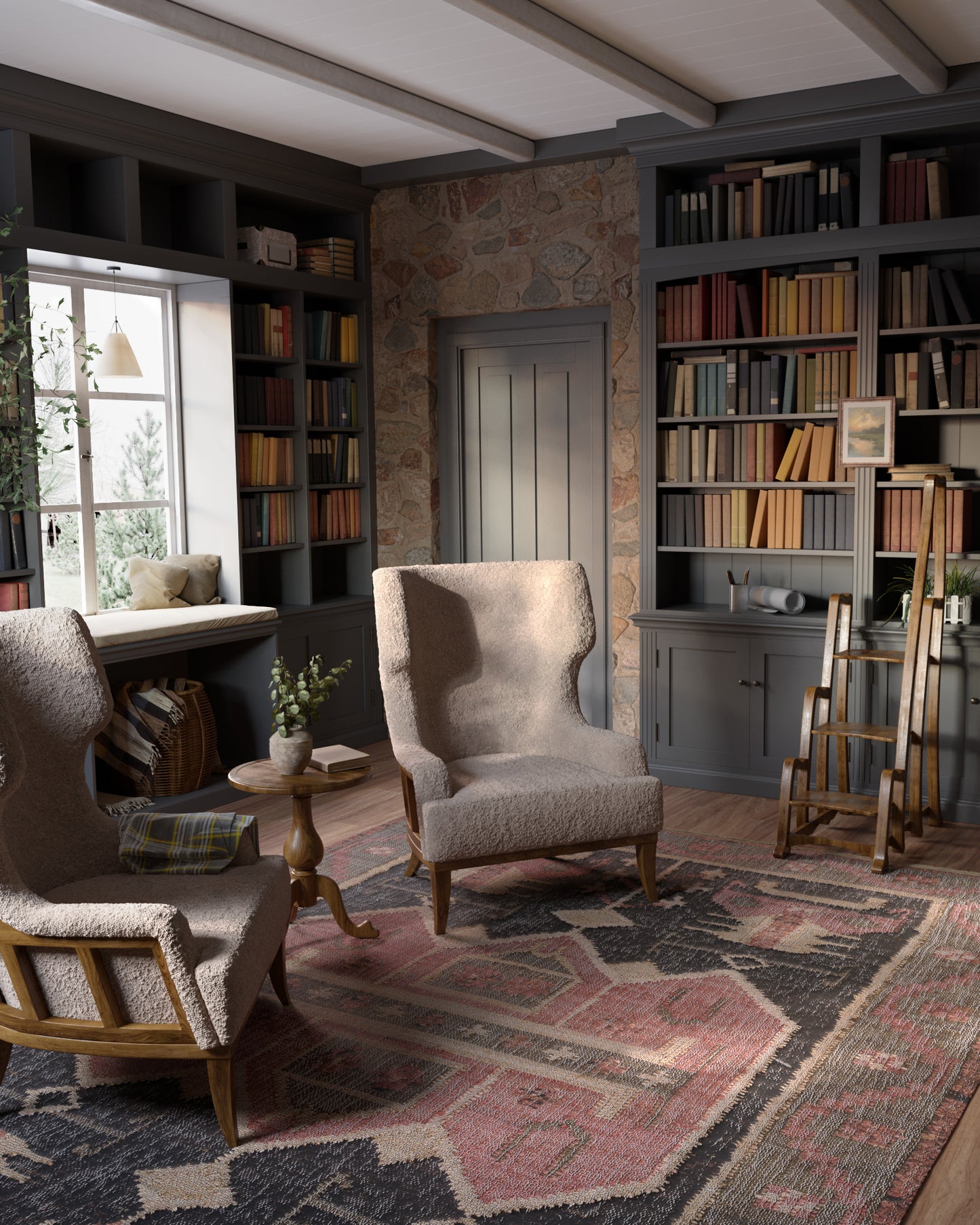 Cozy library lounge with dark gray built-ins, stone fireplace, beige upholstered chairs, round wood table, and patterned rug.