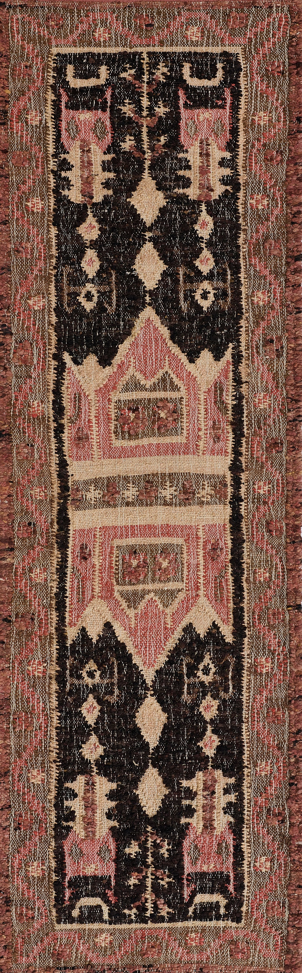Narrow traditional Persian-inspired rug runner with a black central field, cream diamonds, pink accents and tan borders.