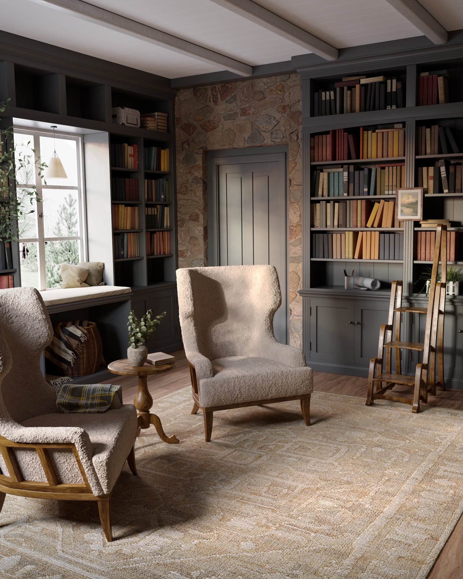 Beige boucle wingback armchairs with wooden legs, round side table, in a dark book-lined library.