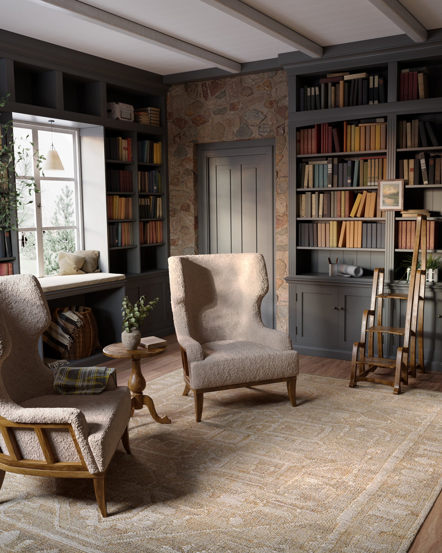Cozy library corner with two upholstered armchairs, wood side table, stone wall, dark gray bookcases, ladder, and warm rug.
