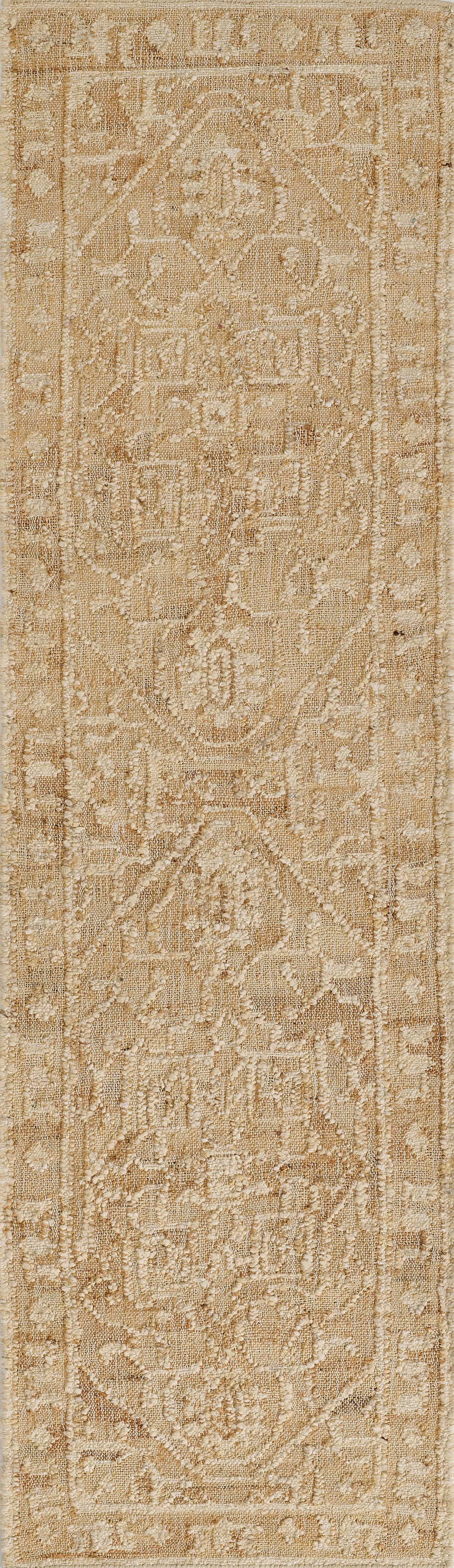 Ivory-beige oriental rug with a distressed floral medallion pattern; rectangular, woven texture for living room decor.