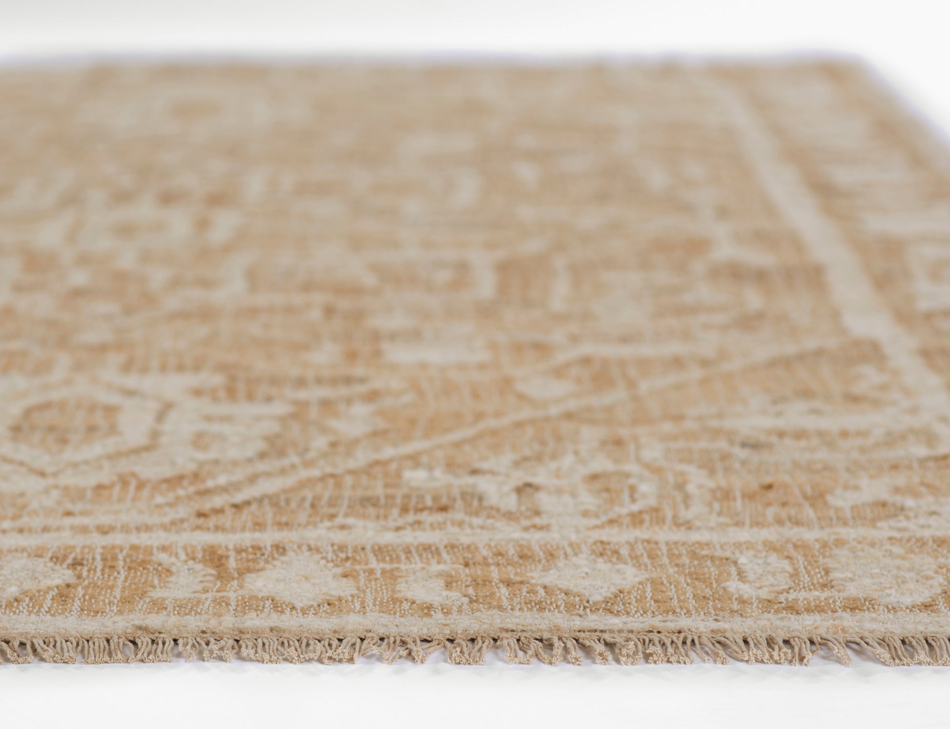 Beige patterned rug with ivory motifs and fringed edge.