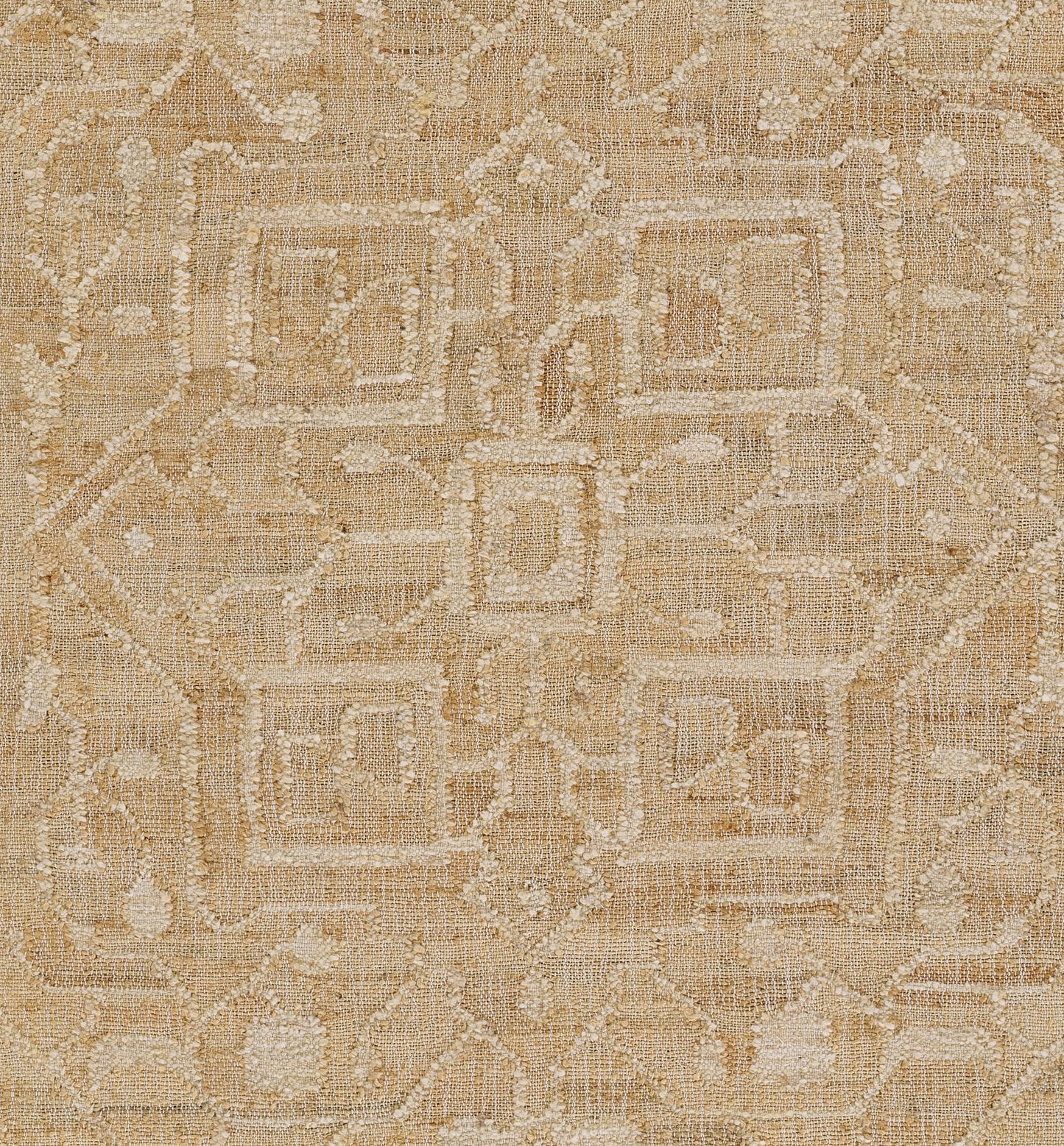 Beige rug with ivory geometric medallions; woven kilim-style pattern for neutral, vintage-inspired decor.